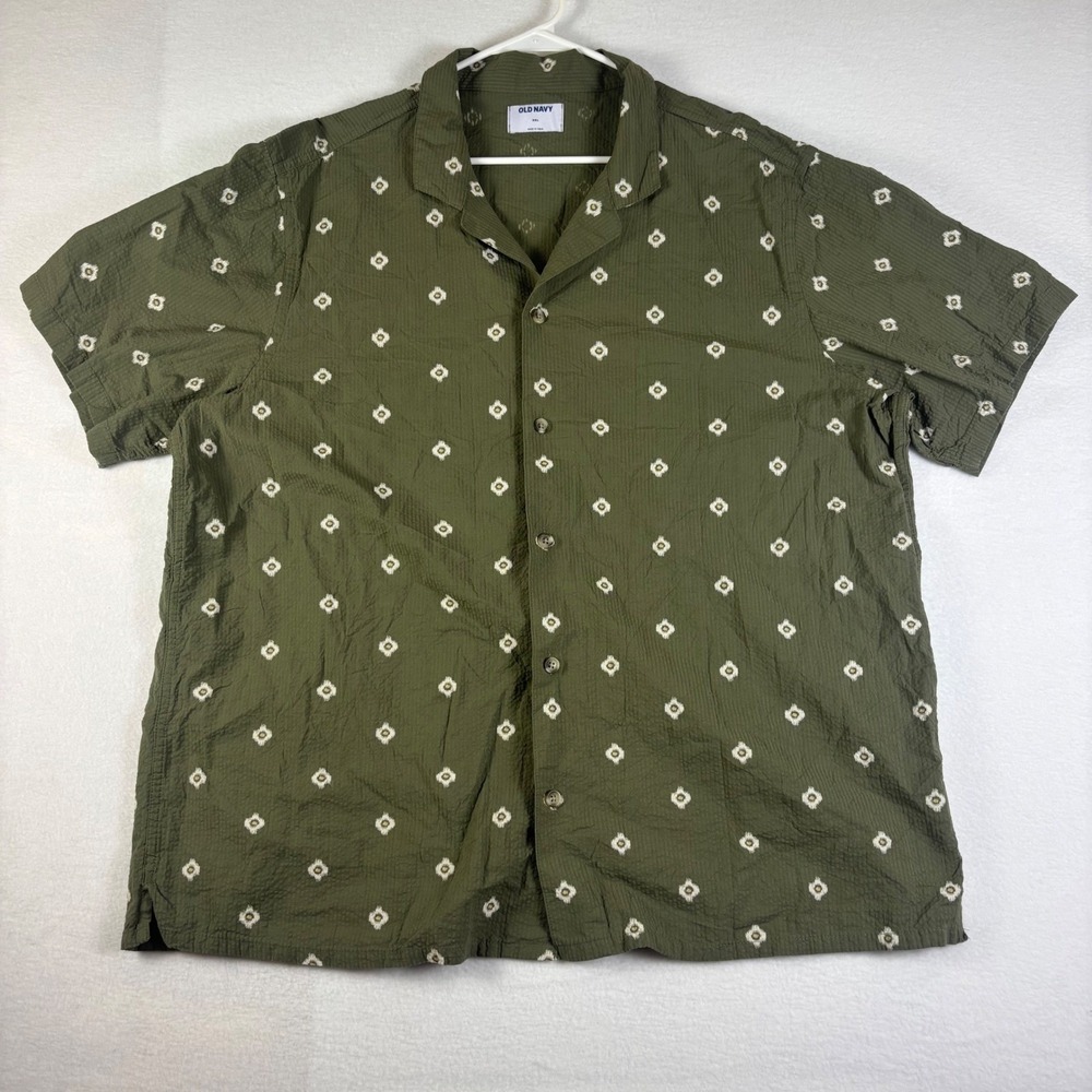 Old Navy Mens XXL Olive Green Floral Ikat SS Camp Collar Cotton Shirt